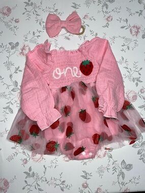 Pink Strawberry Tulle Baby Dress with Bow